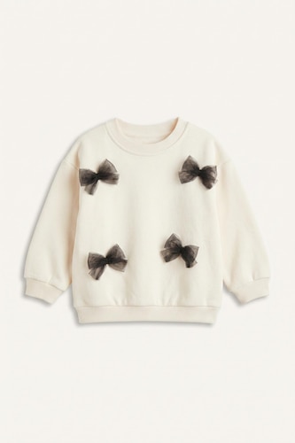 Baby Girl 100% Cotton Ecru with Bows Crew Neck Sweatshirt