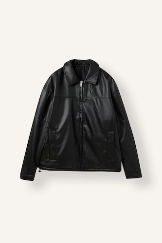 Erkek Siyah Oversize Dik Yaka Suni Deri Mont