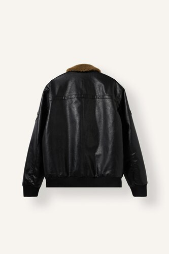 Oversize Shirt Collar Mid-Length Zip-Up Faux Leather Jacket
