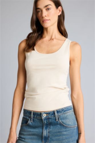 Woman Beige Slim Fit Basic Round Collar Sleeveless Tank Top