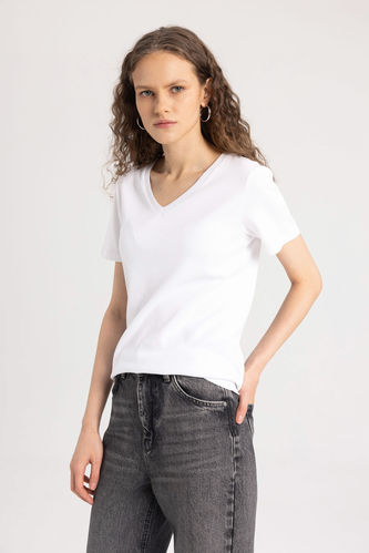 Slim Fit V-Neck Ribana Short Sleeve T-Shirt