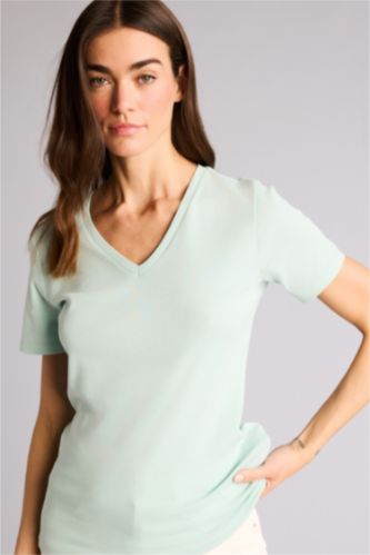 Kadın Mint Slım Fıt V Yaka Basıc Düz Ribana Kısa Kollu Tişört