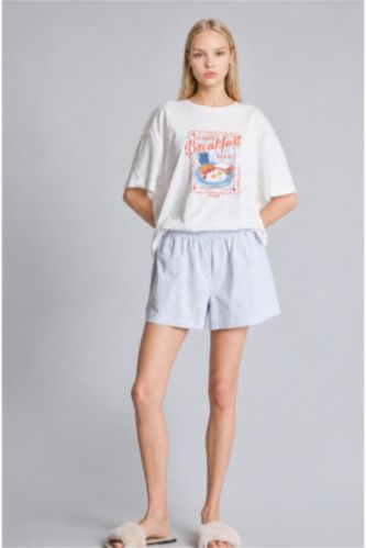Kadın Açık Mavi Oversıze Şortlu Kısa Kollu 2'li Poplin Pijama Takımı