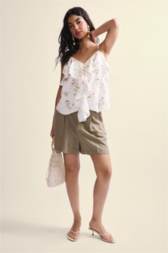 نساء كاكي فاتح Regular Waist Linen Blend Shorts