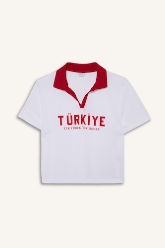 Sports Turkey Printed White Crop Top Polo T-Shirt
