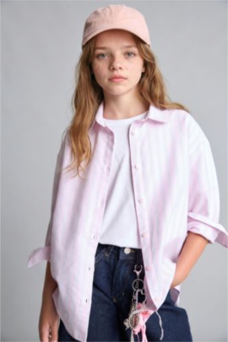 Kız Çocuk - Genç Kız Pembe %100 Pamuk Regular Fit Uzun Kollu Oxford Gömlek Kız Çocuk