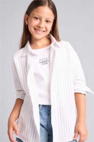 Kız Çocuk - Genç Kız Ekru Regular Fit Uzun Kollu Çizgili Gömlek Kız Çocuk