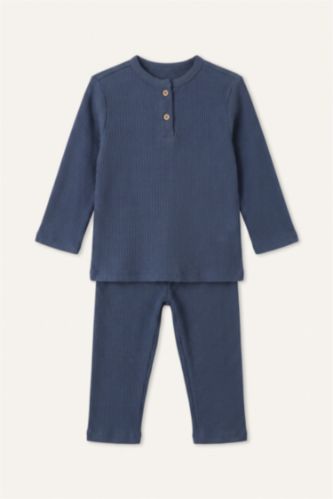 Erkek Bebek İndigo Fitilli Kaşkorse 2'li Pijama Takımı Erkek Bebek