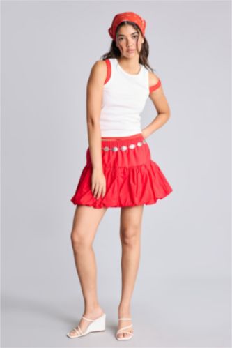 Kadın Kırmızı Balloon Fit Poplin Mini Etek