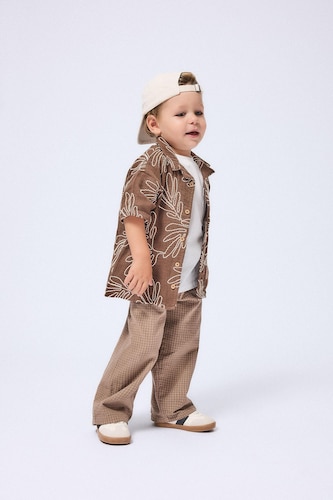 Erkek Bebek Camel Baggy Fit Düz Paça Kareli Pantolon Erkek Bebek