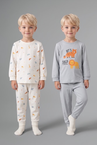 Erkek Bebek Açık Gri %100 Pamuk 4'lü Pijama Takım Desenli Erkek Bebek