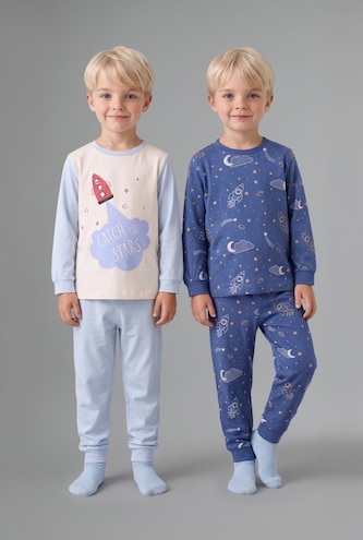 Erkek Bebek Açık Mavi %100 Pamuk 2'li Pijama Takım Desenli Erkek Bebek