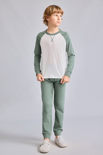 Erkek Çocuk - Genç Erkek Haki 2'li Pijama Takım Uzun Kollu Erkek Çocuk