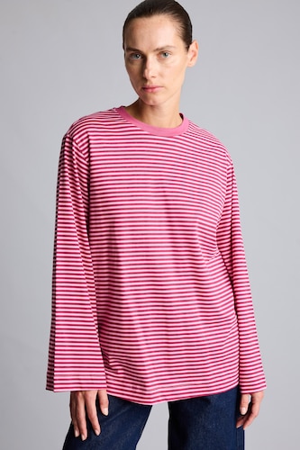 Kadın Açık Pembe %100 Pamuk Relaxed Fit Çizgili Uzun Kollu Tişört