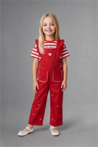 Baby Girls Red Gabardine Square Collar Jumpsuit
