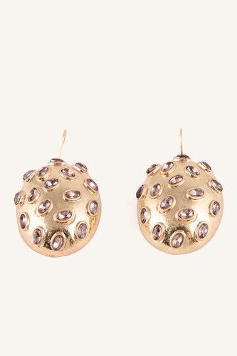 Woman Purple Stone Detail Oval Dangling Gold Color Earrings