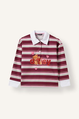 Girl Striped Teddy Bear Print Long Sleeve Polo T Shirt