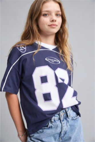 Young Girls - Teen Girls NAVY Regular Fit Slogan Short Sleeve Polo T-Shirt