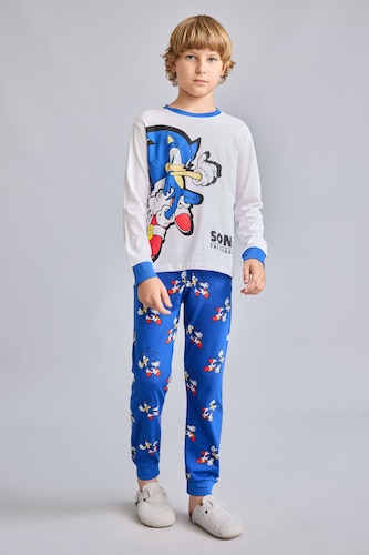 Erkek Çocuk - Genç Erkek Beyaz Sonic Baskılı Uzun Kollu Erkek Çocuk Pijama
