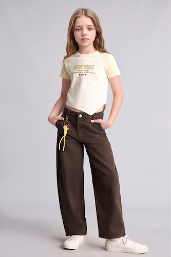 Young Girls - Teen Girls Brown Woman Baggy Fit Gabardine Trousers