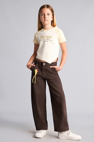 GIRLS & TEENS Brown Girl Baggy Fit Straight Leg Gabardine Trousers
