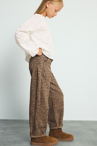 GIRLS & TEENS Brown Girls Baggy Fit Leopard Print Stretch Gabardine Trousers