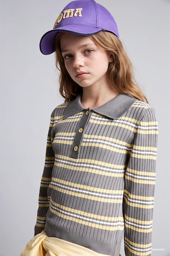 Girl Regular Fit Striped Polo Collar Pullover
