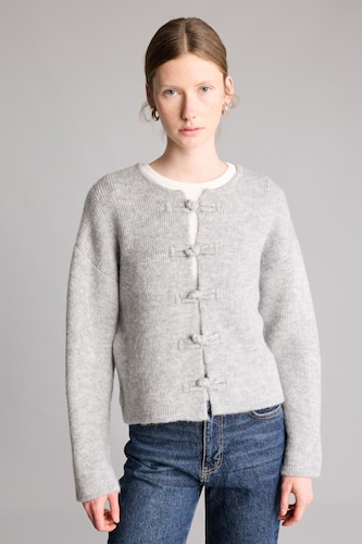 Kadın Gri Melanj Regular Fit Fiyonklu Basic Hırka