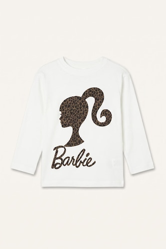 Baby Girl 100% Cotton Barbie Licensed Crew Neck Cotton Long Sleeve Ecru T-Shirt