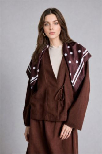 Kadın Kahve Regular Fit Keten Karışımlı Kimono
