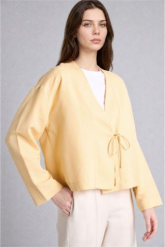 Kadın Açık Sarı Regular Fit Keten Karışımlı Kimono