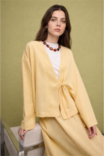 Woman Light Yellow Regular Fit Blended Linen Yellow Kimono