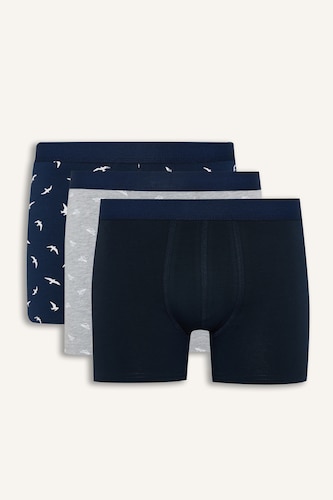 Erkek Lacivert Regular Fit Kuş Desenli 3'lü Boxer