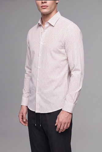 MAN Grey Modern Fit Polo Collar Cotton Striped Shirt
