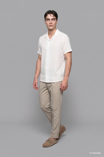 Men Ecru Modern Fit Cotton Short Sleeve Shirt