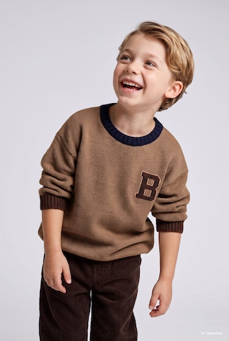 Baby Boy Oversize Fit Embroidered Letter B Knit Pullover