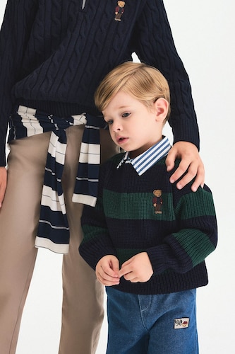 Pull en tricot rayé oversize avec broderie ourson pour bébé garçon