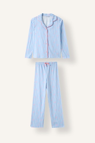 Kız Çocuk - Genç Kız Açık Mavi 2'li Pijama Takımı Desenli Biyeli Kız Çocuk