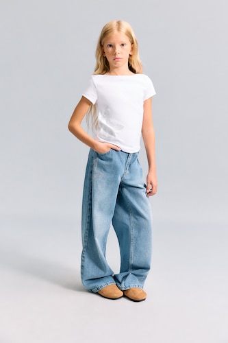 Kız Çocuk - Genç Kız Mavi %100 Pamuk Straight Fit Jean Pantolon Kız Çocuk
