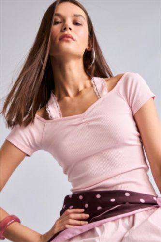 Women Pink Slim Fit Camisole Short Sleeve T-Shirt