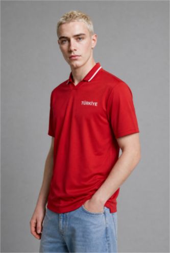 Men Red Boxy Fit Short Sleeve Polo T-Shirt
