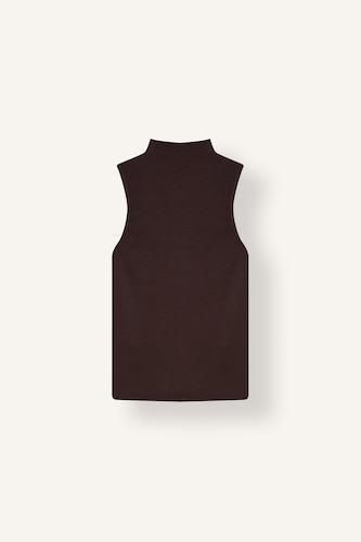 Women Brown Slim Fit Ribana Half Turtleneck Sleeveless Tank Top
