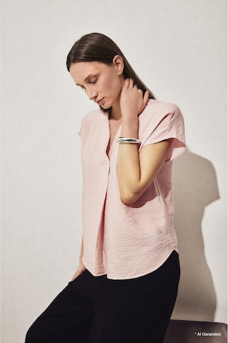 Women Light Pink Light Pink Crew Neck Short Sleeve Blouse