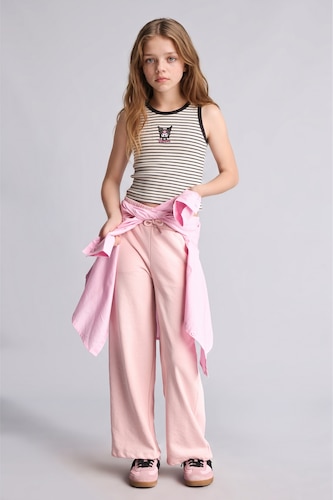 Kız Çocuk - Genç Kız Pembe Bağcıklı Wide Leg Kız Çocuk Eşofman Altı