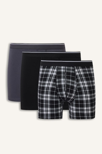 Erkek Siyah Regular Fit Ekose Desenli 3'lü Boxer