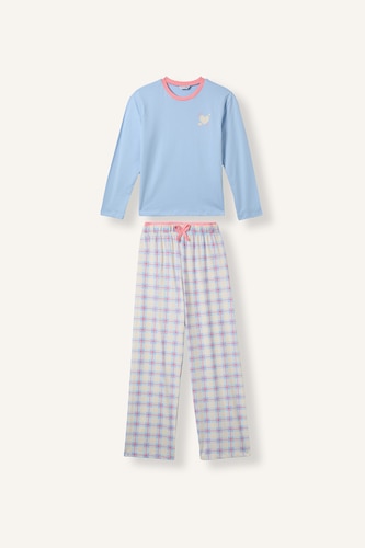 Kız Çocuk - Genç Kız Açık Mavi 2'li Pijama Takımı Kareli Baskılı Kız Çocuk