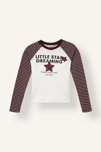 Girl 100% Cotton Striped Raglan Long Sleeve Crew Neck Printed T-Shirt