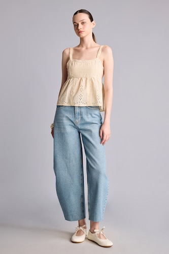 Kadın Açık Mavi %100 Pamuk Barrel Fit Jean Pantolon
