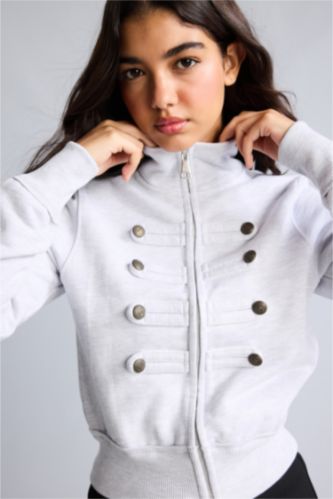 Kadın Gri Melanj Loose Fit Fermuarlı Ceket