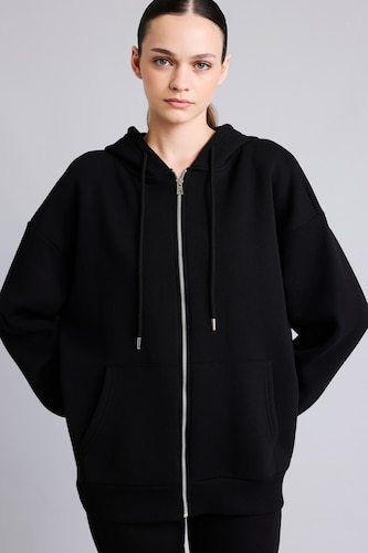 Women Black Oversize Hooded Thick Fabric Cardigan
